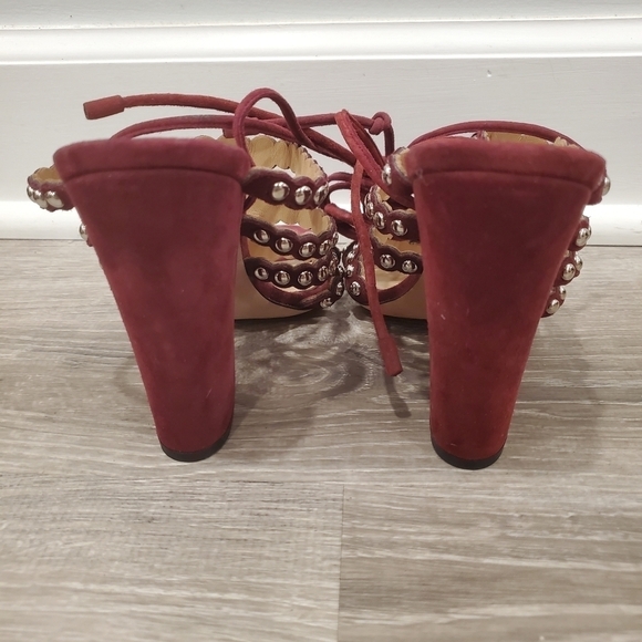 NEW SERGIO ROSSI Elettra Studded Suede Block Heel Sandals In Cherry - Picture 4 of 8
